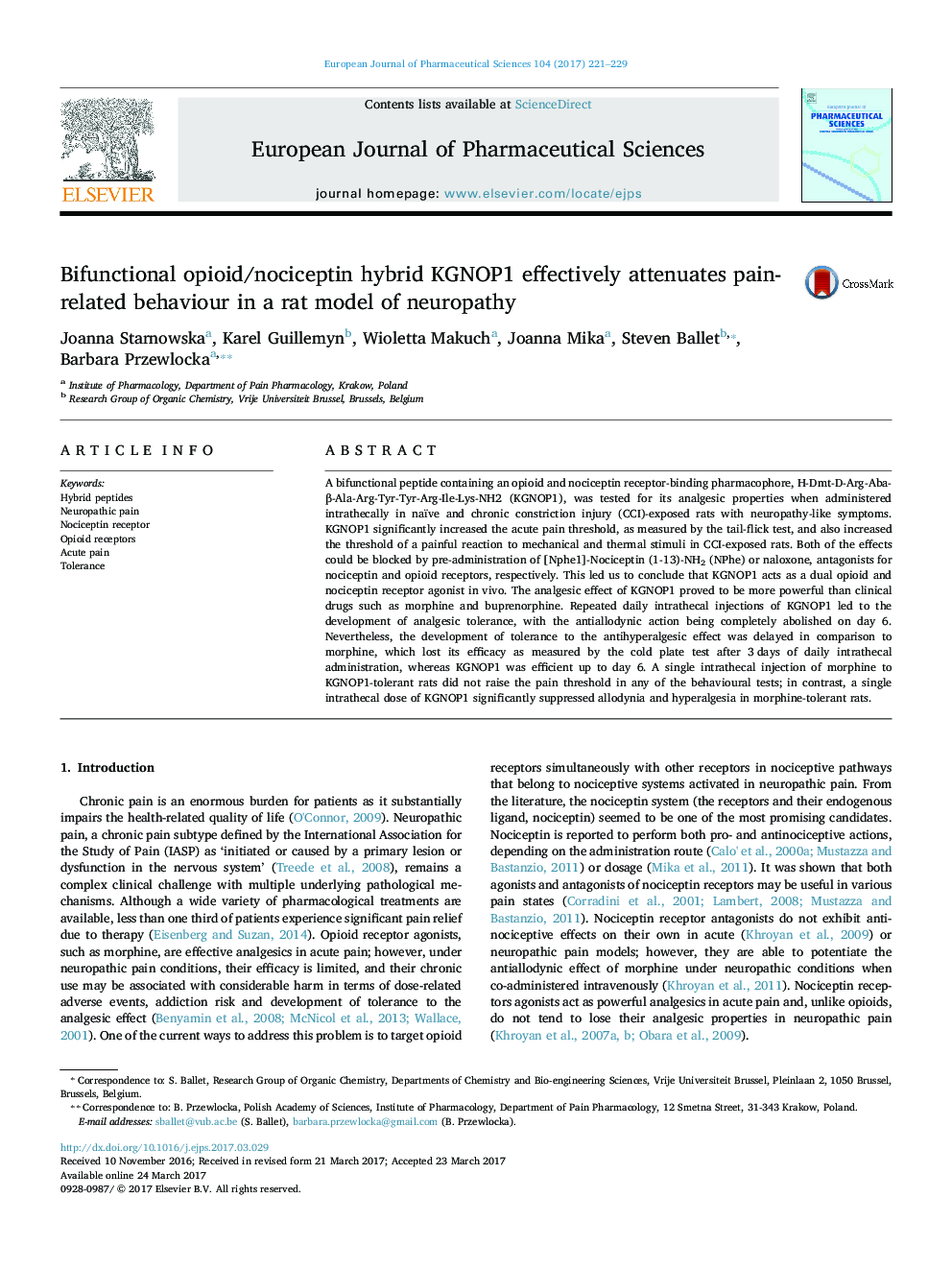 Bifunctional opioid/nociceptin hybrid KGNOP1 effectively attenuates pain-related behaviour in a rat model of neuropathy