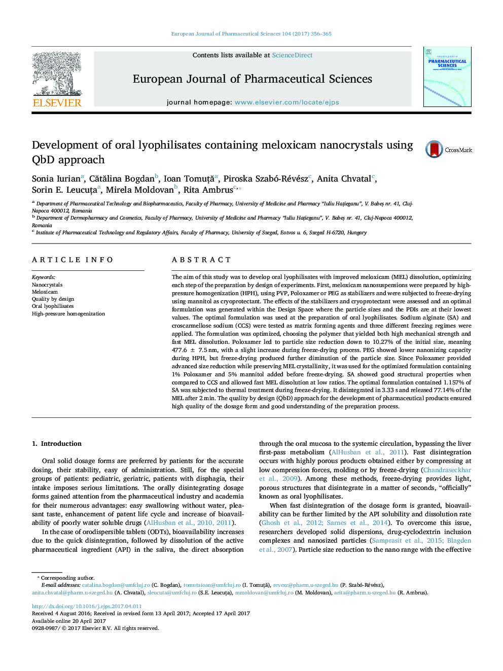 Development of oral lyophilisates containing meloxicam nanocrystals using QbD approach