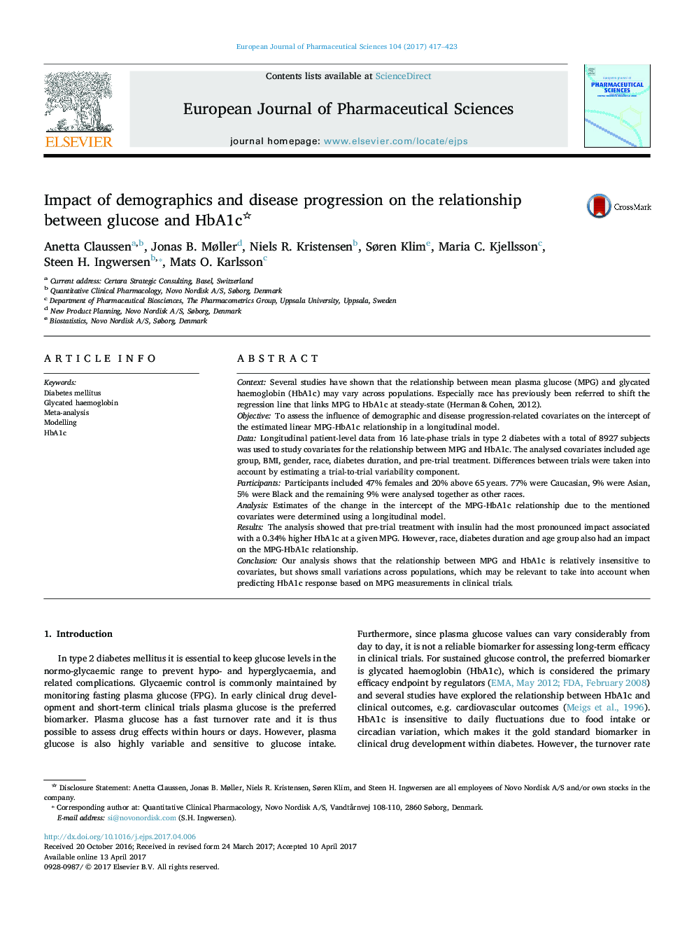 Impact of demographics and disease progression on the relationship between glucose and HbA1c