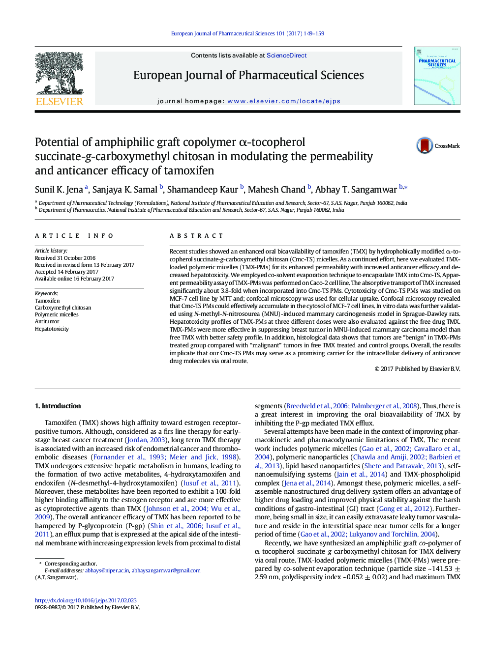 Potential of amphiphilic graft copolymer Î±-tocopherol succinate-g-carboxymethyl chitosan in modulating the permeability and anticancer efficacy of tamoxifen