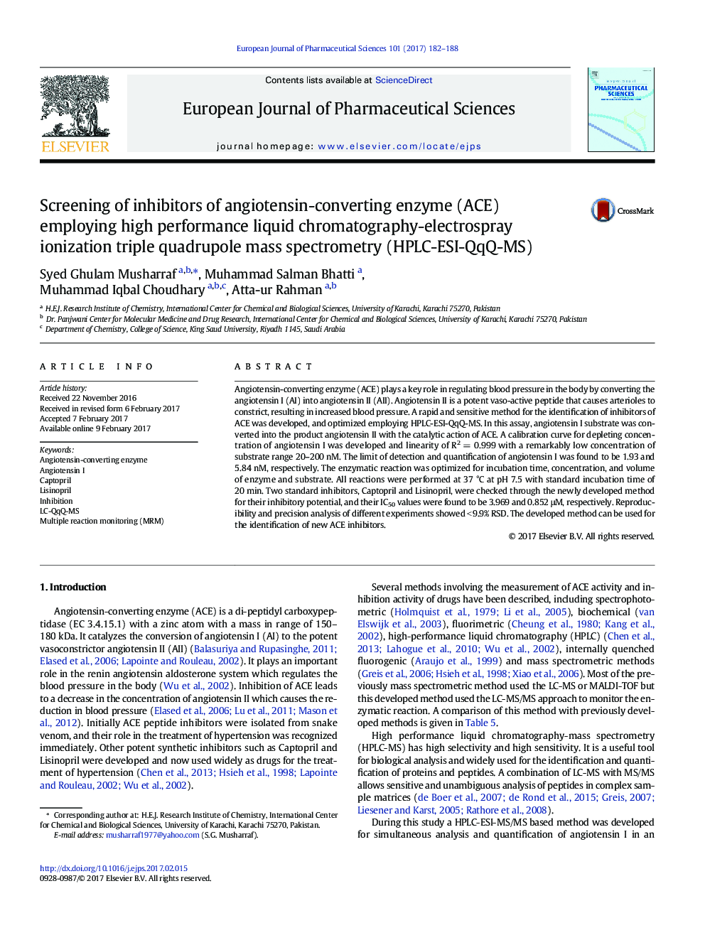 Screening of inhibitors of angiotensin-converting enzyme (ACE) employing high performance liquid chromatography-electrospray ionization triple quadrupole mass spectrometry (HPLC-ESI-QqQ-MS)