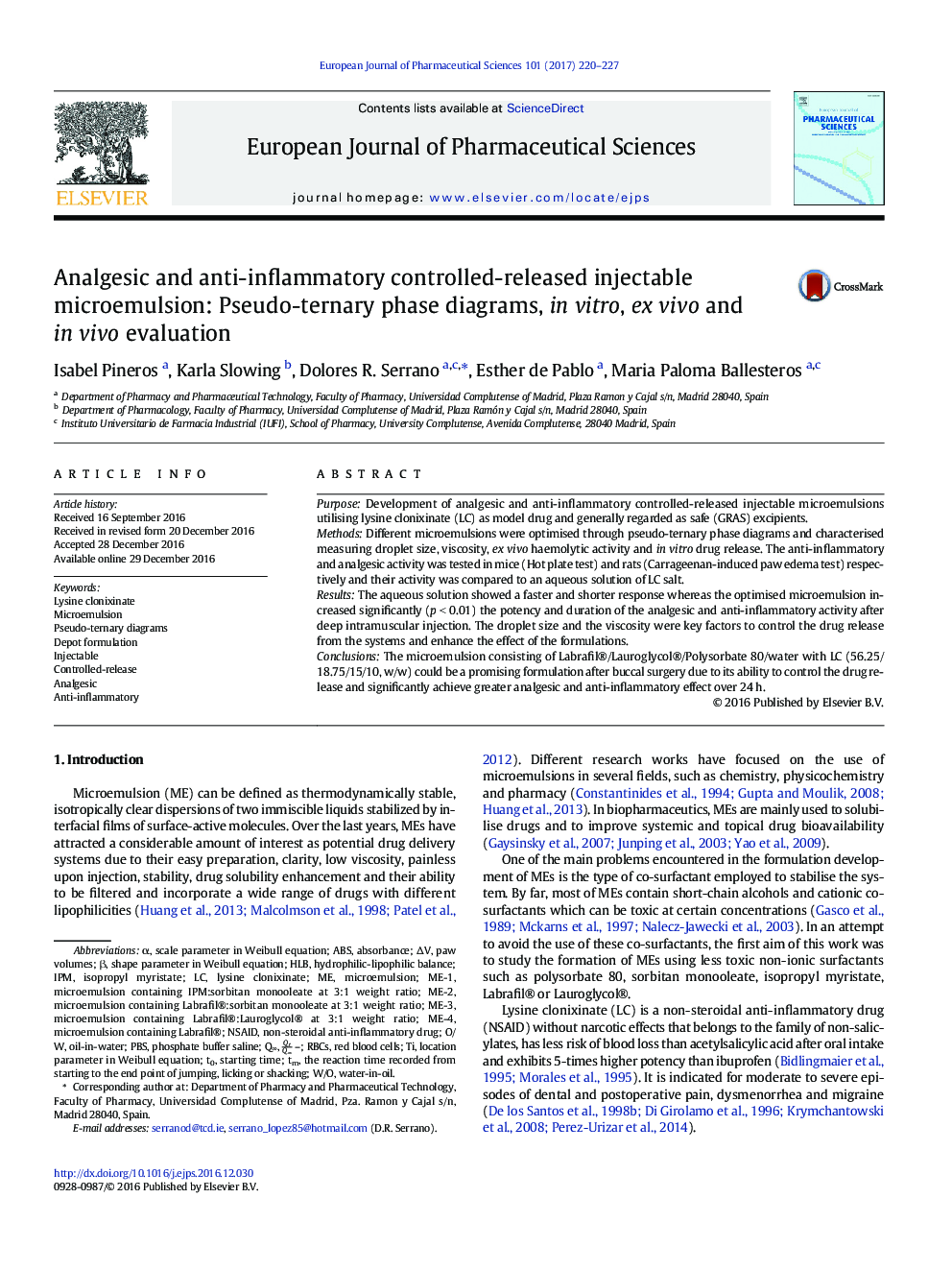 Analgesic and anti-inflammatory controlled-released injectable microemulsion: Pseudo-ternary phase diagrams, in vitro, ex vivo and in vivo evaluation