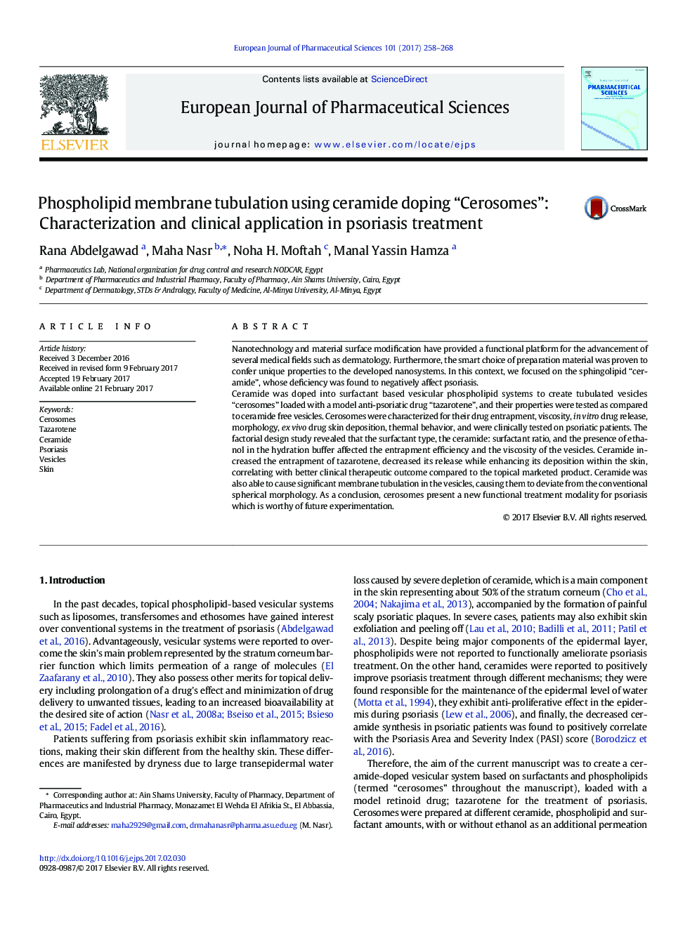 Phospholipid membrane tubulation using ceramide doping “Cerosomes”: Characterization and clinical application in psoriasis treatment