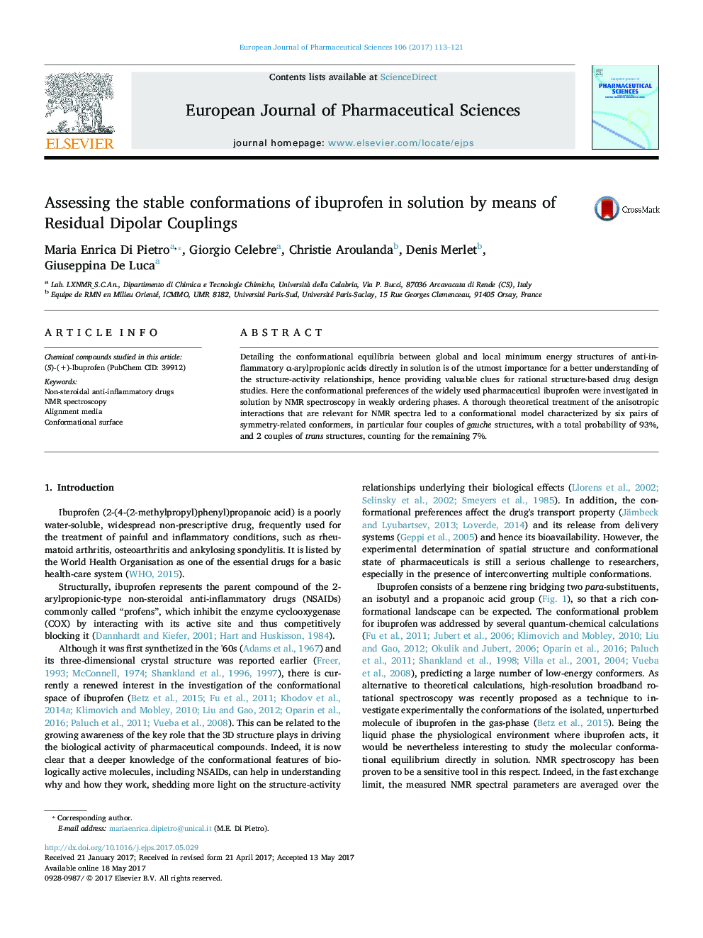 ارزیابی سازگاری پایدار ایبوپروفن در محلول با استفاده از کوپلینگ دوقطبی باقی مانده 