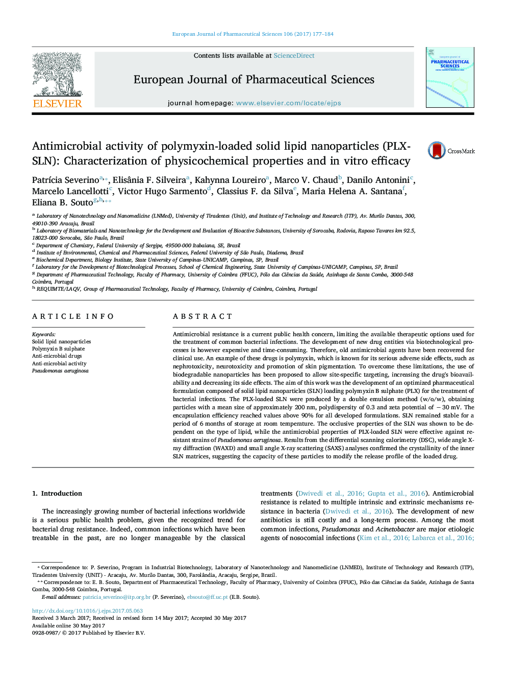 Antimicrobial activity of polymyxin-loaded solid lipid nanoparticles (PLX-SLN): Characterization of physicochemical properties and in vitro efficacy