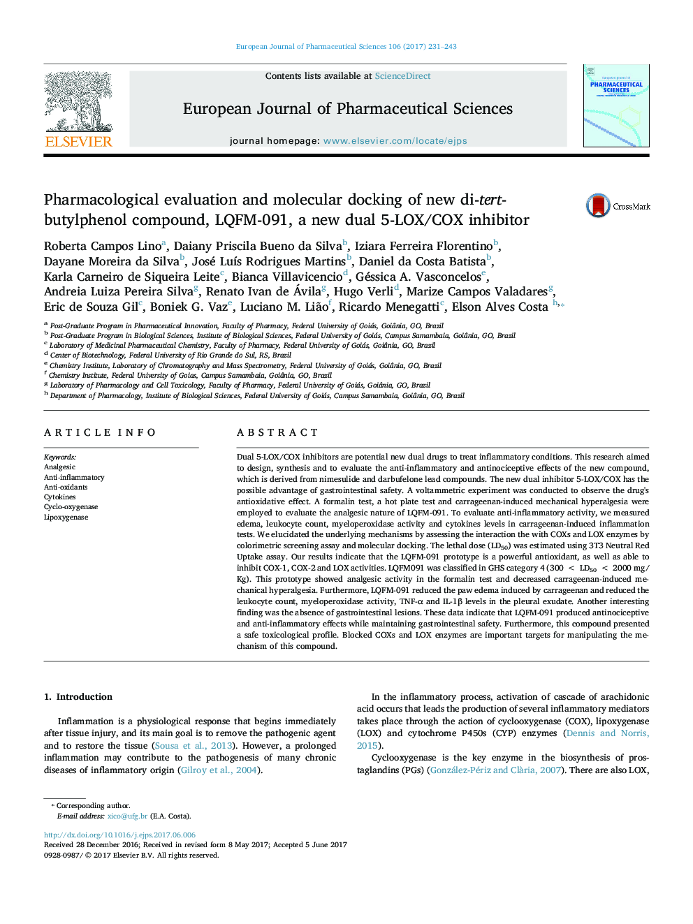 Pharmacological evaluation and molecular docking of new di-tert-butylphenol compound, LQFM-091, a new dual 5-LOX/COX inhibitor