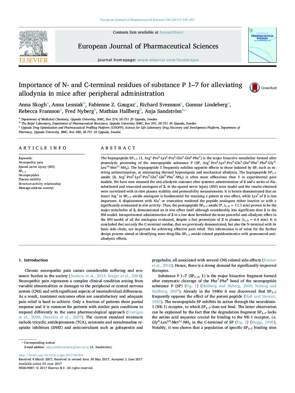 Importance of N- and C-terminal residues of substance P 1-7 for alleviating allodynia in mice after peripheral administration