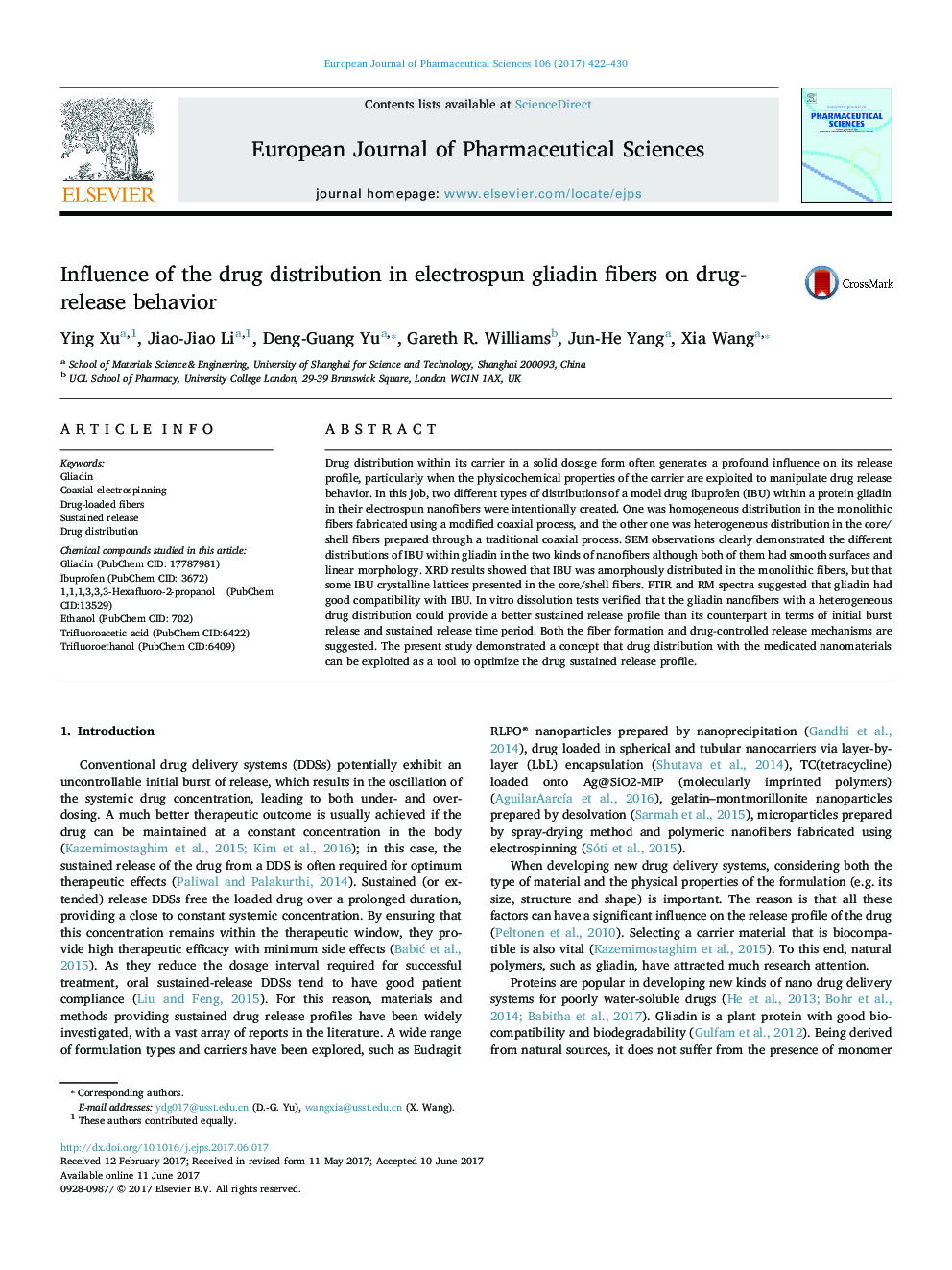 Influence of the drug distribution in electrospun gliadin fibers on drug-release behavior