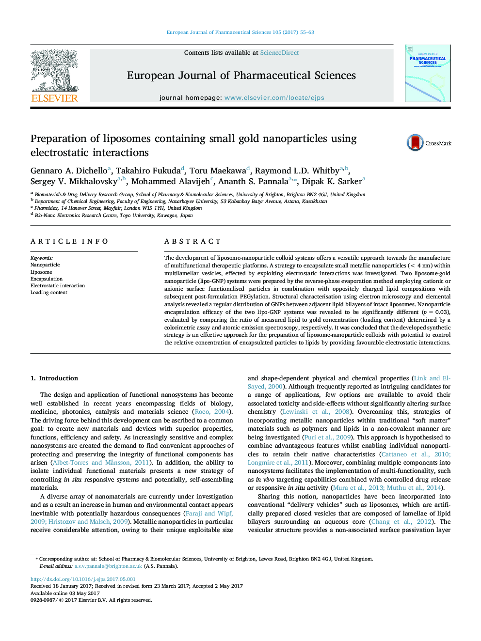 Preparation of liposomes containing small gold nanoparticles using electrostatic interactions