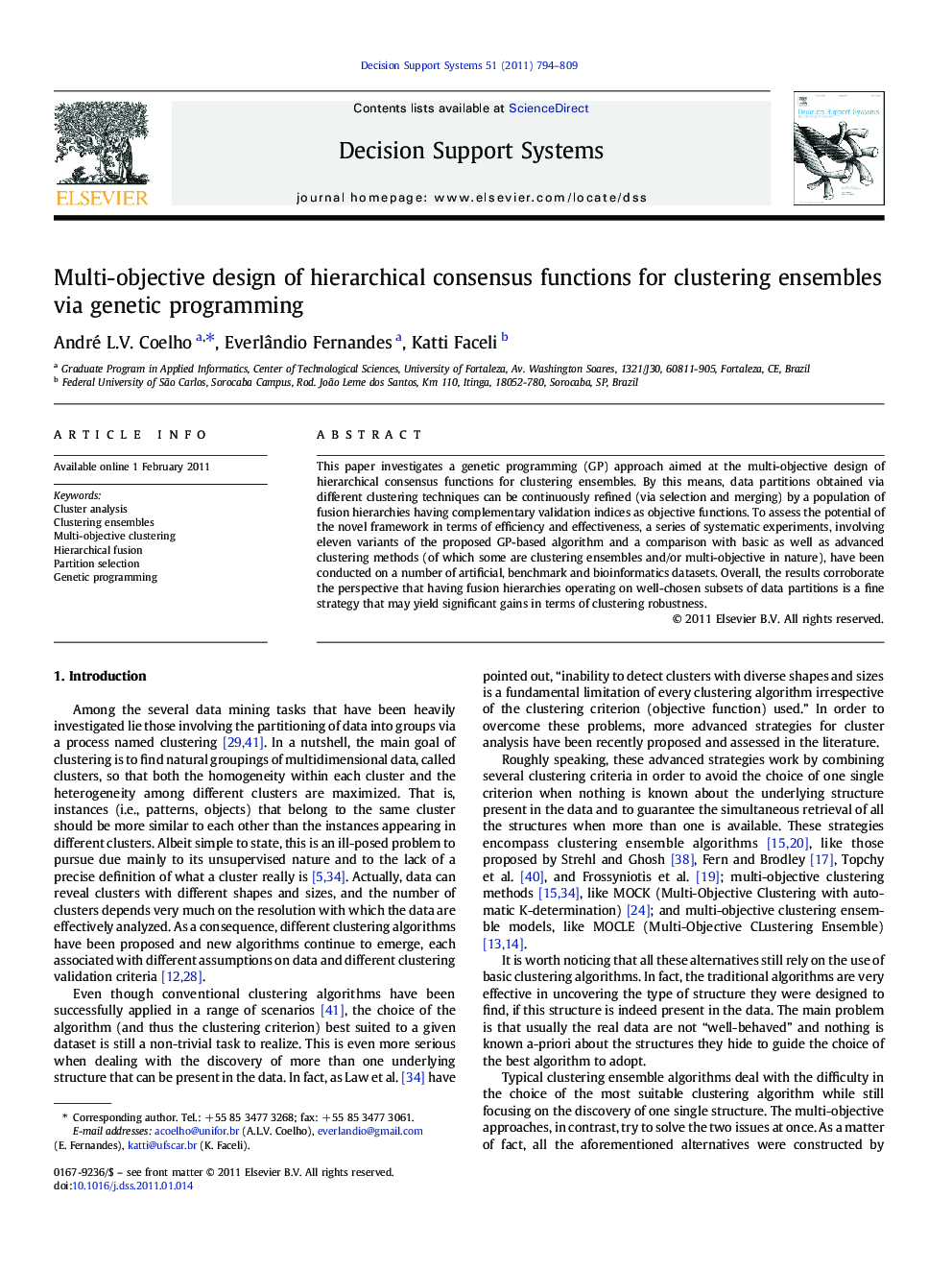 Multi-objective design of hierarchical consensus functions for clustering ensembles via genetic programming