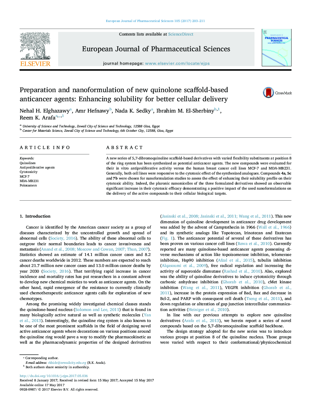 Preparation and nanoformulation of new quinolone scaffold-based anticancer agents: Enhancing solubility for better cellular delivery