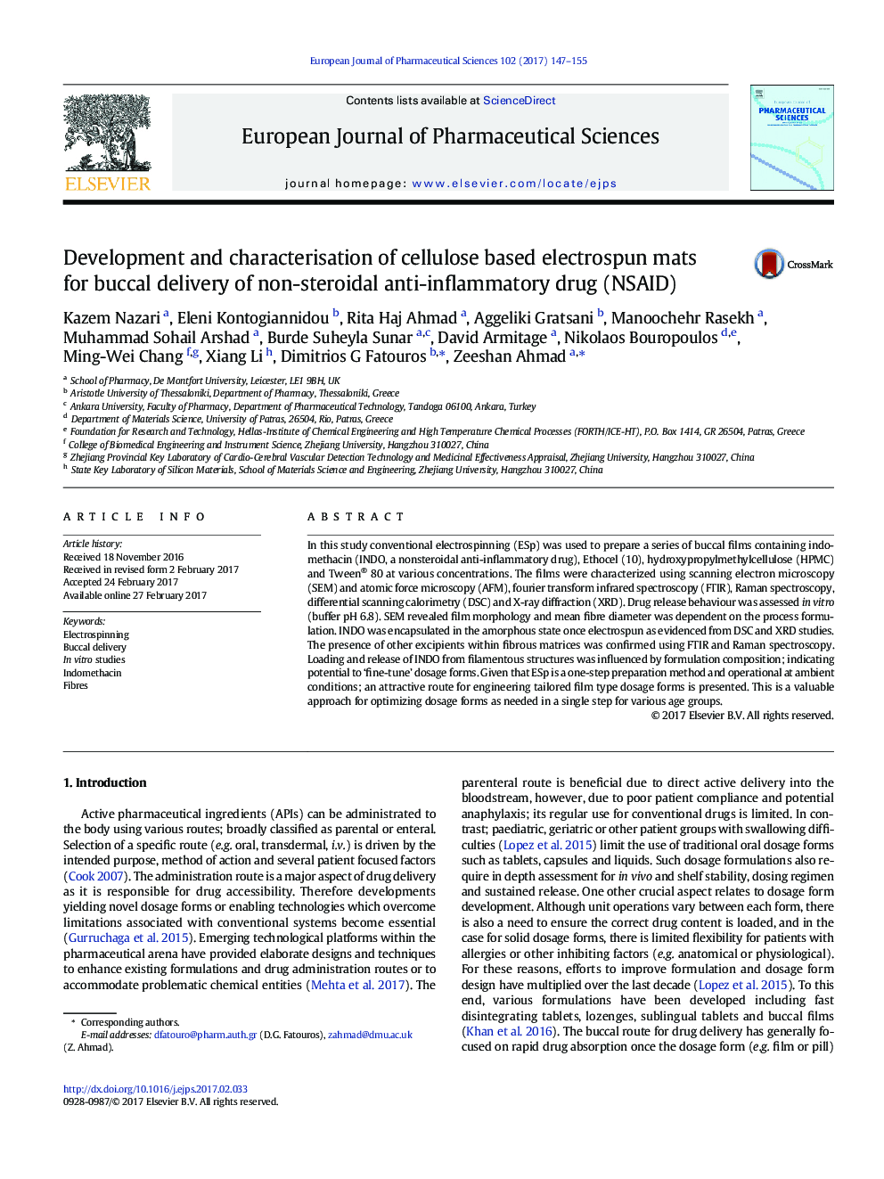 Development and characterisation of cellulose based electrospun mats for buccal delivery of non-steroidal anti-inflammatory drug (NSAID)