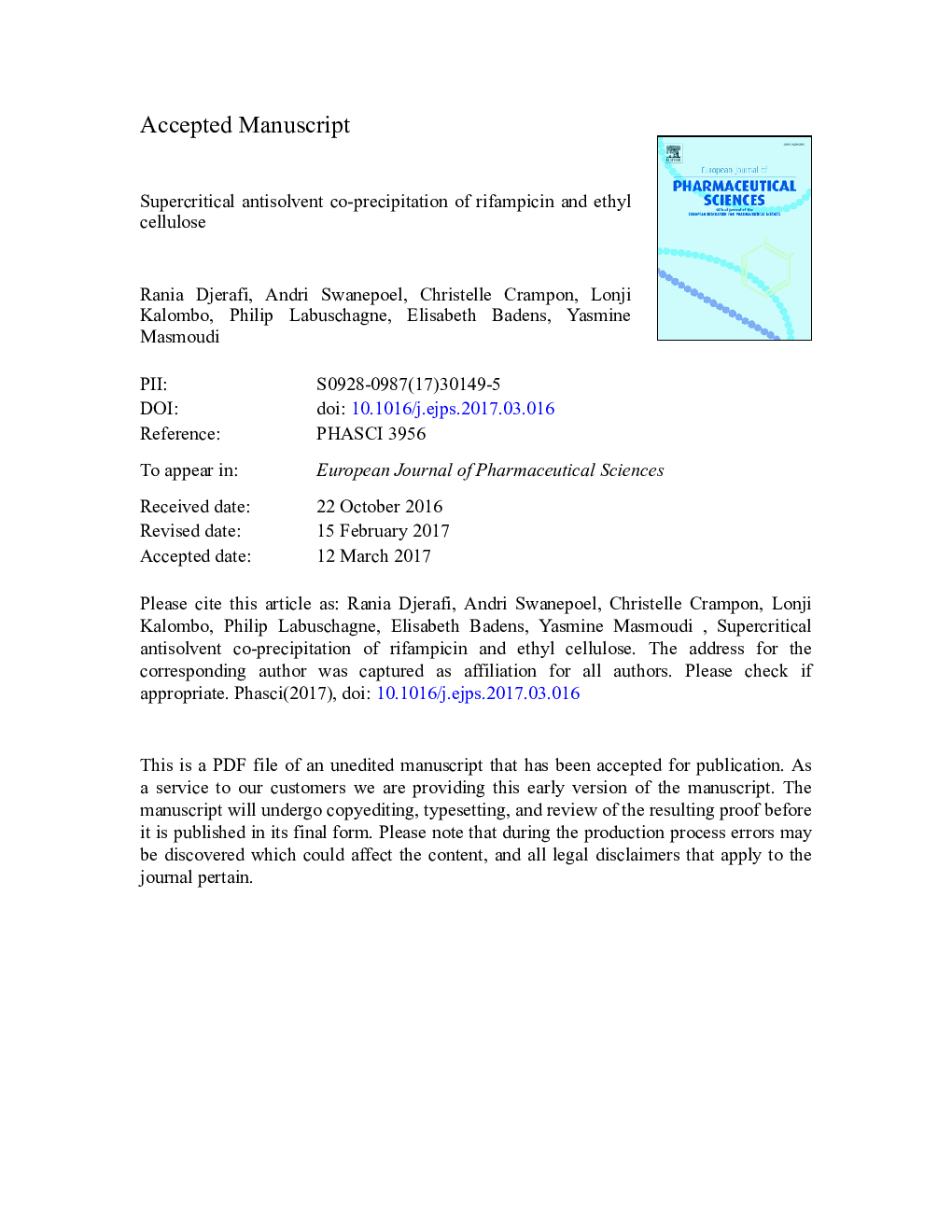 Supercritical antisolvent co-precipitation of rifampicin and ethyl cellulose