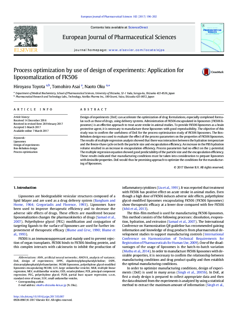 Process optimization by use of design of experiments: Application for liposomalization of FK506