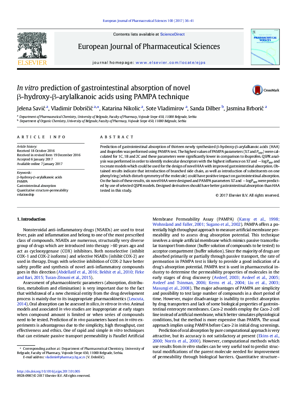 In vitro prediction of gastrointestinal absorption of novel Î²-hydroxy-Î²-arylalkanoic acids using PAMPA technique