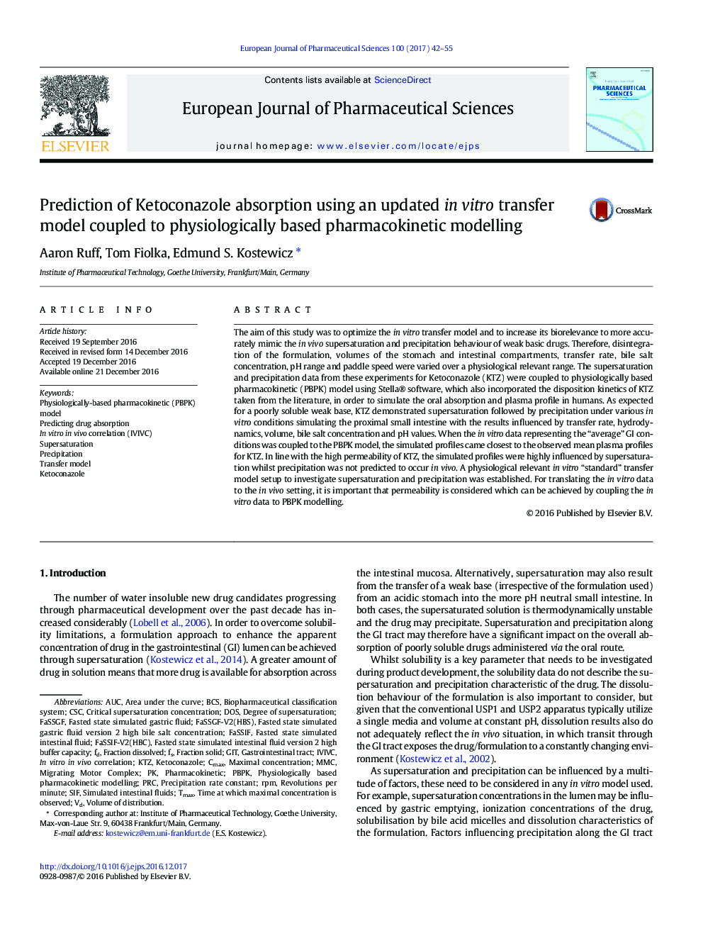 Prediction of Ketoconazole absorption using an updated in vitro transfer model coupled to physiologically based pharmacokinetic modelling