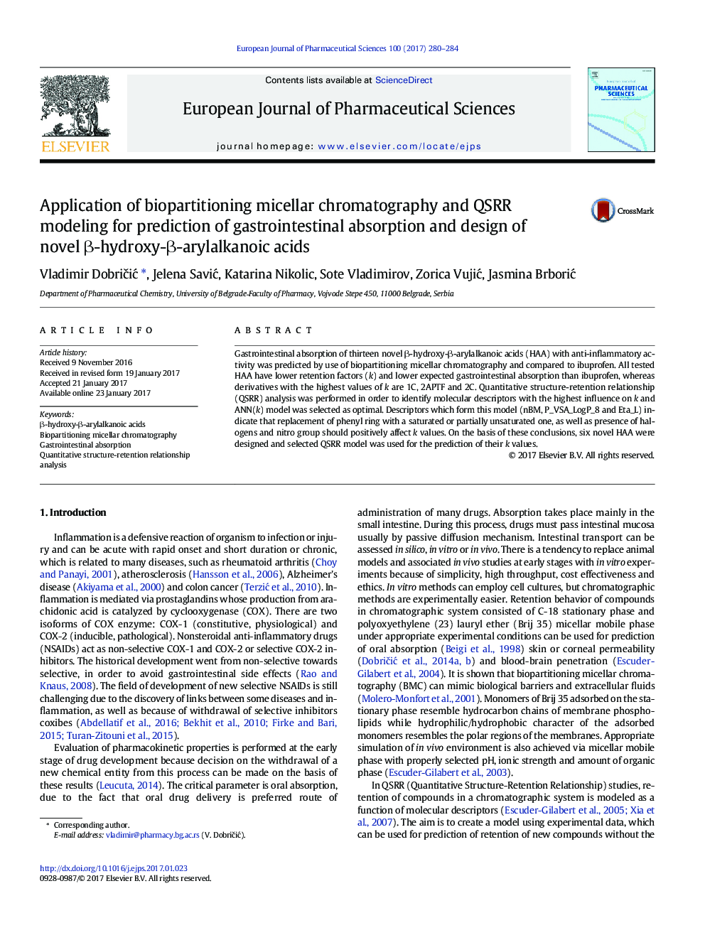 Application of biopartitioning micellar chromatography and QSRR modeling for prediction of gastrointestinal absorption and design of novel Î²-hydroxy-Î²-arylalkanoic acids