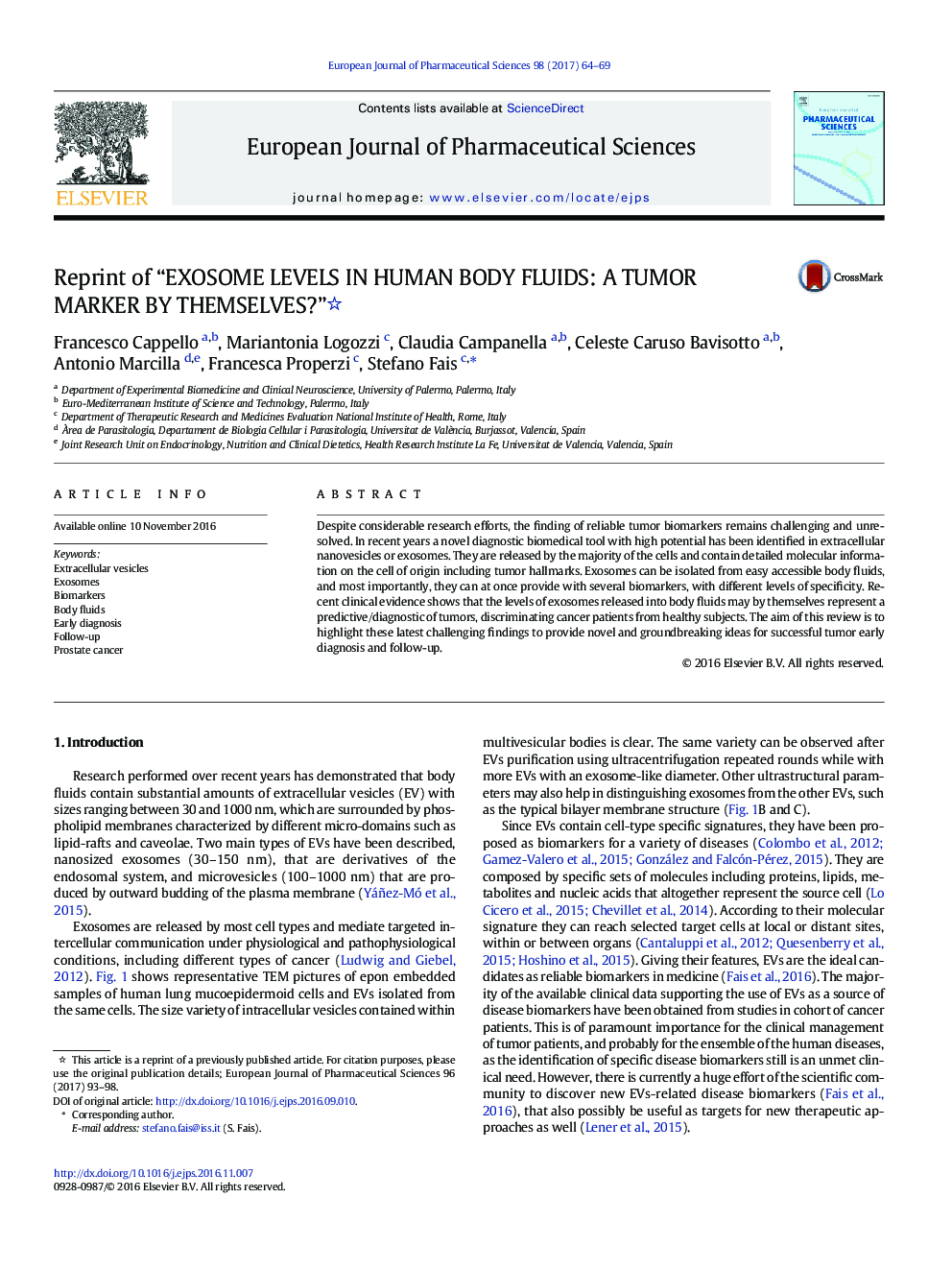 Reprint of “EXOSOME LEVELS IN HUMAN BODY FLUIDS: A TUMOR MARKER BY THEMSELVES?”