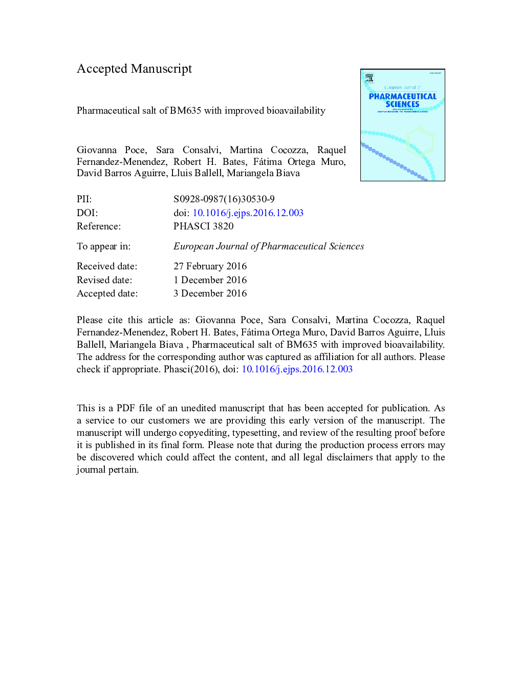 Pharmaceutical salt of BM635 with improved bioavailability