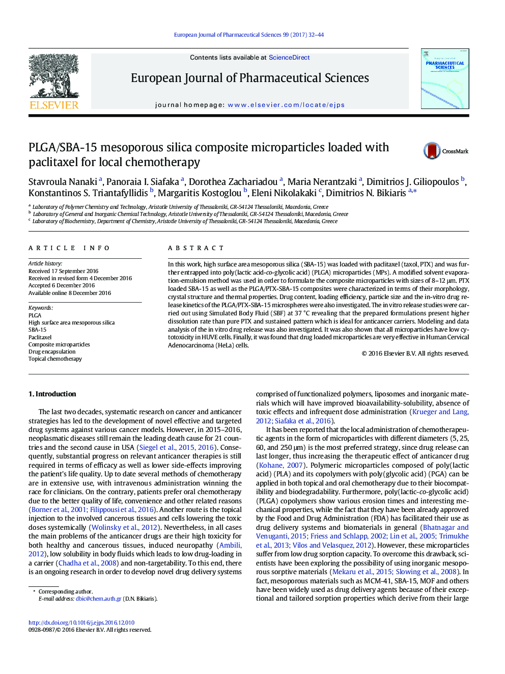 PLGA/SBA-15 mesoporous silica composite microparticles loaded with paclitaxel for local chemotherapy