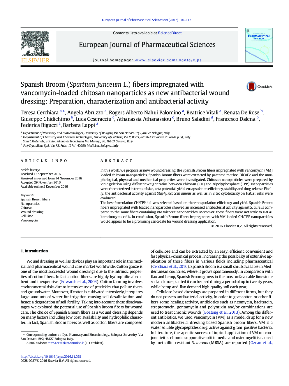 Spanish Broom (Spartium junceum L.) fibers impregnated with vancomycin-loaded chitosan nanoparticles as new antibacterial wound dressing: Preparation, characterization and antibacterial activity