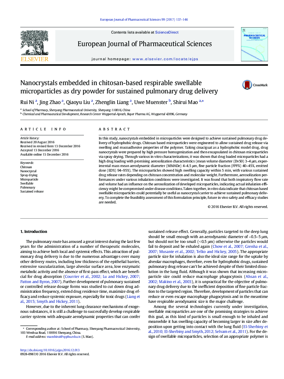 Nanocrystals embedded in chitosan-based respirable swellable microparticles as dry powder for sustained pulmonary drug delivery