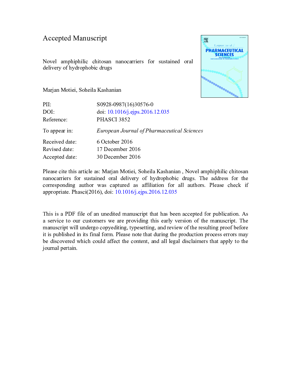 Novel amphiphilic chitosan nanocarriers for sustained oral delivery of hydrophobic drugs