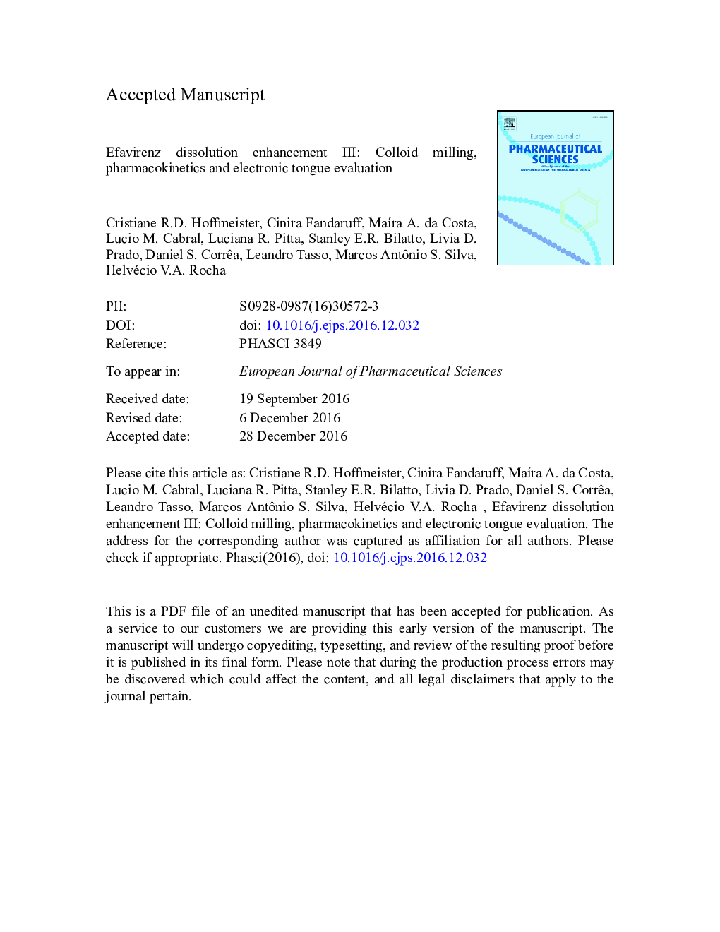 Efavirenz dissolution enhancement III: Colloid milling, pharmacokinetics and electronic tongue evaluation