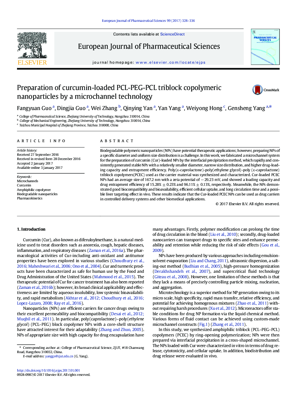 Preparation of curcumin-loaded PCL-PEG-PCL triblock copolymeric nanoparticles by a microchannel technology