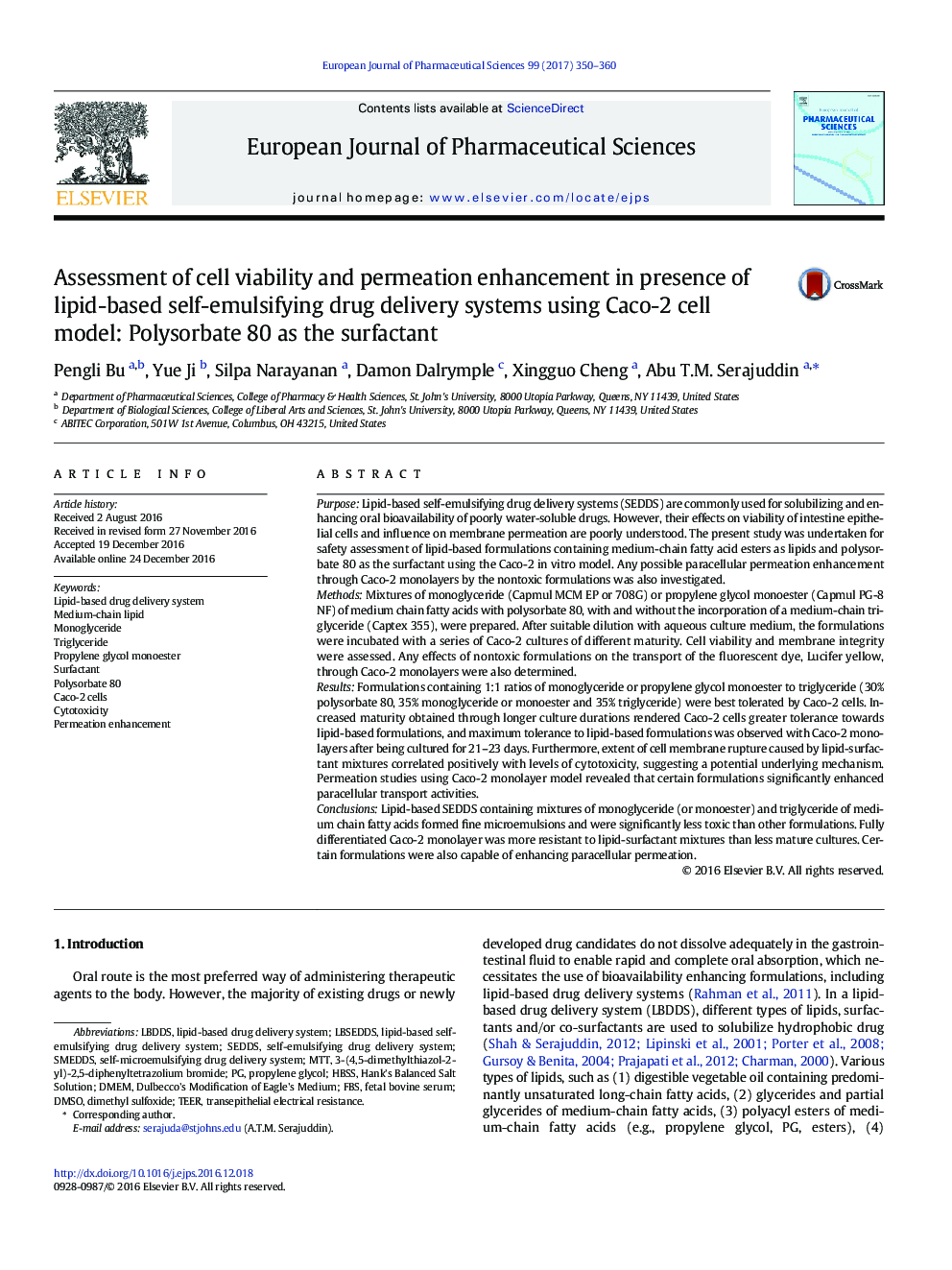 Assessment of cell viability and permeation enhancement in presence of lipid-based self-emulsifying drug delivery systems using Caco-2 cell model: Polysorbate 80 as the surfactant