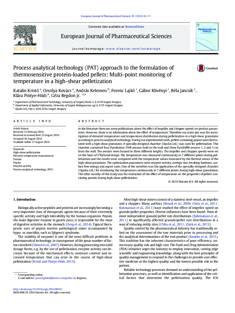 Process analytical technology (PAT) approach to the formulation of thermosensitive protein-loaded pellets: Multi-point monitoring of temperature in a high-shear pelletization