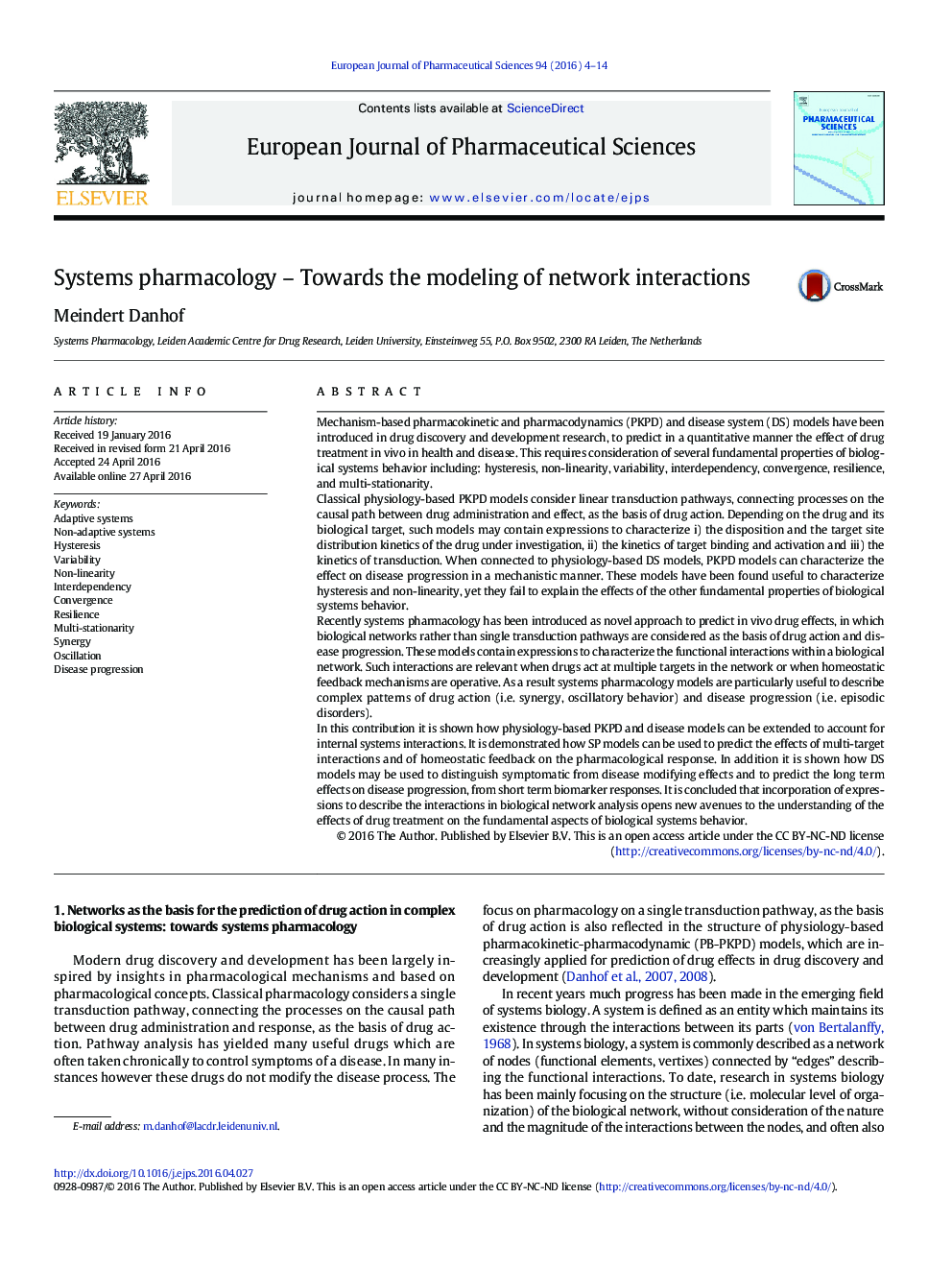 Systems pharmacology - Towards the modeling of network interactions