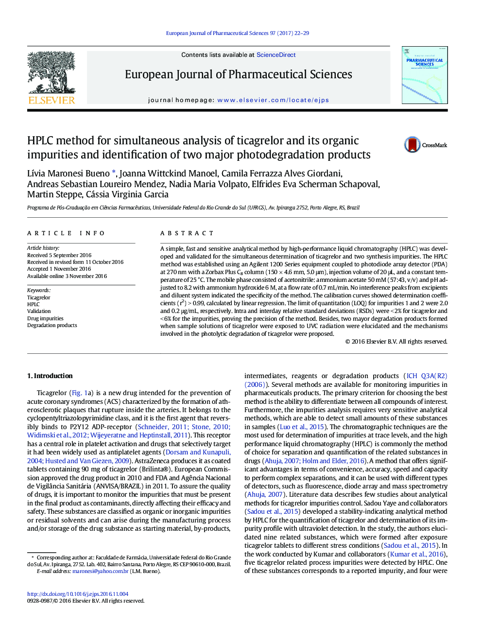 HPLC method for simultaneous analysis of ticagrelor and its organic impurities and identification of two major photodegradation products