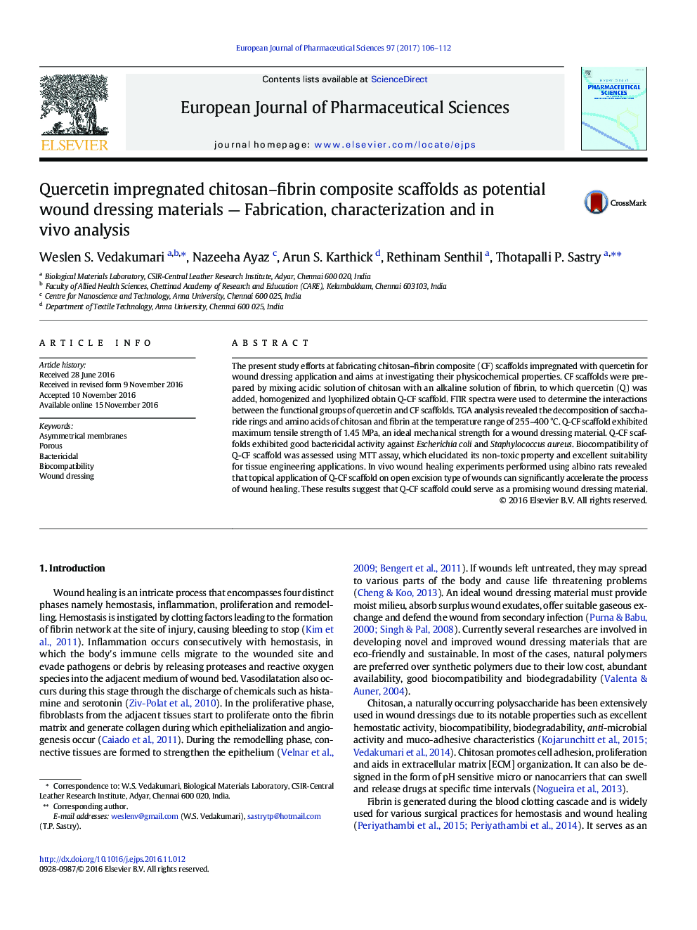 Quercetin impregnated chitosan-fibrin composite scaffolds as potential wound dressing materials - Fabrication, characterization and in vivo analysis