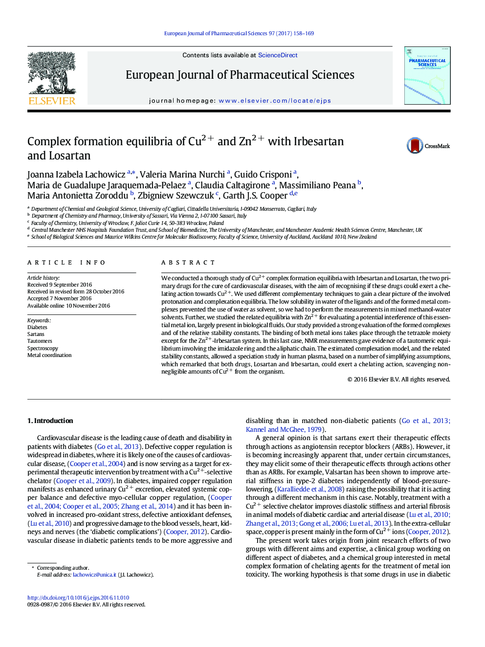 Complex formation equilibria of Cu2 + and Zn2 + with Irbesartan and Losartan