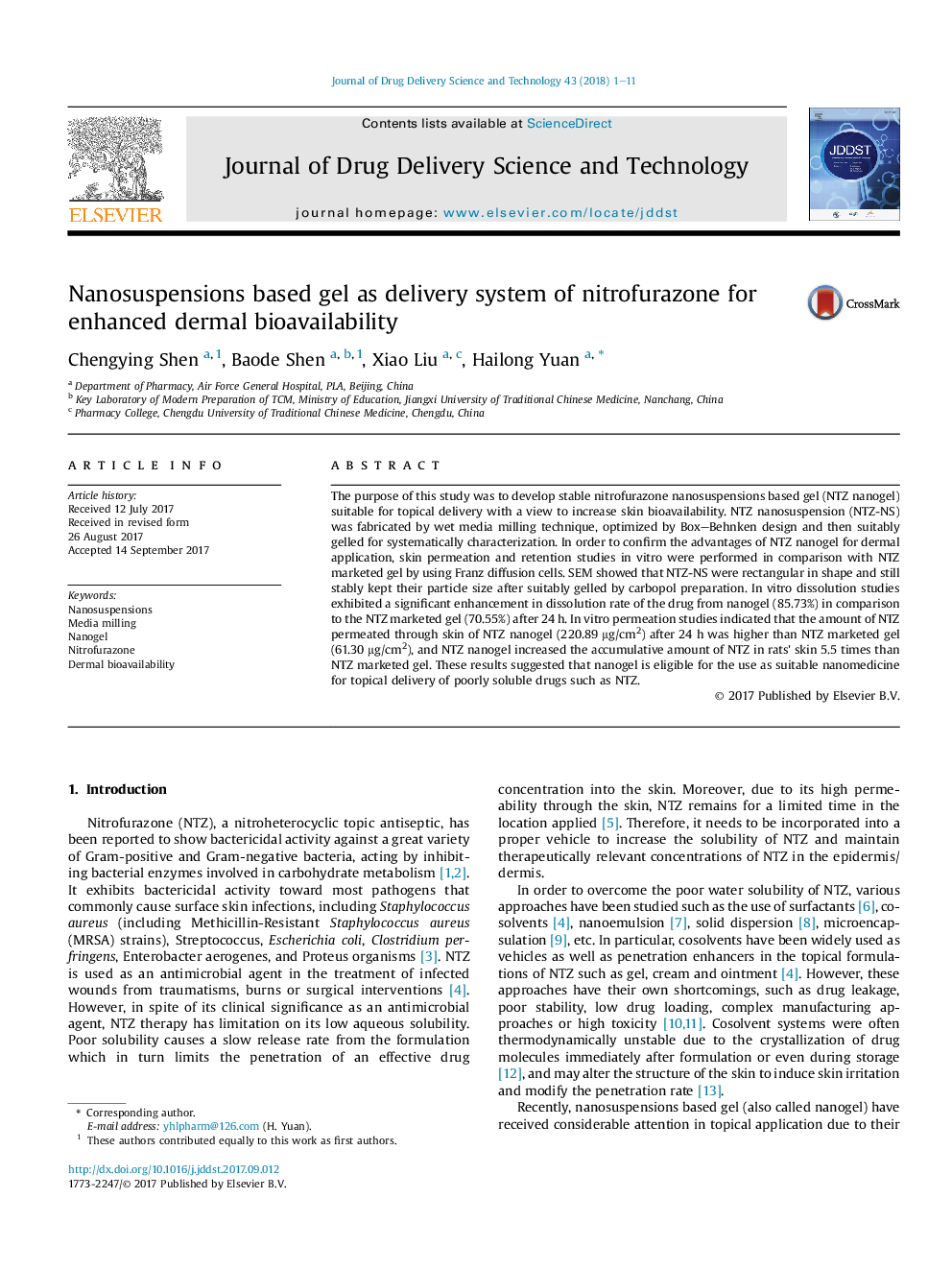 Nanosuspensions based gel as delivery system of nitrofurazone for enhanced dermal bioavailability