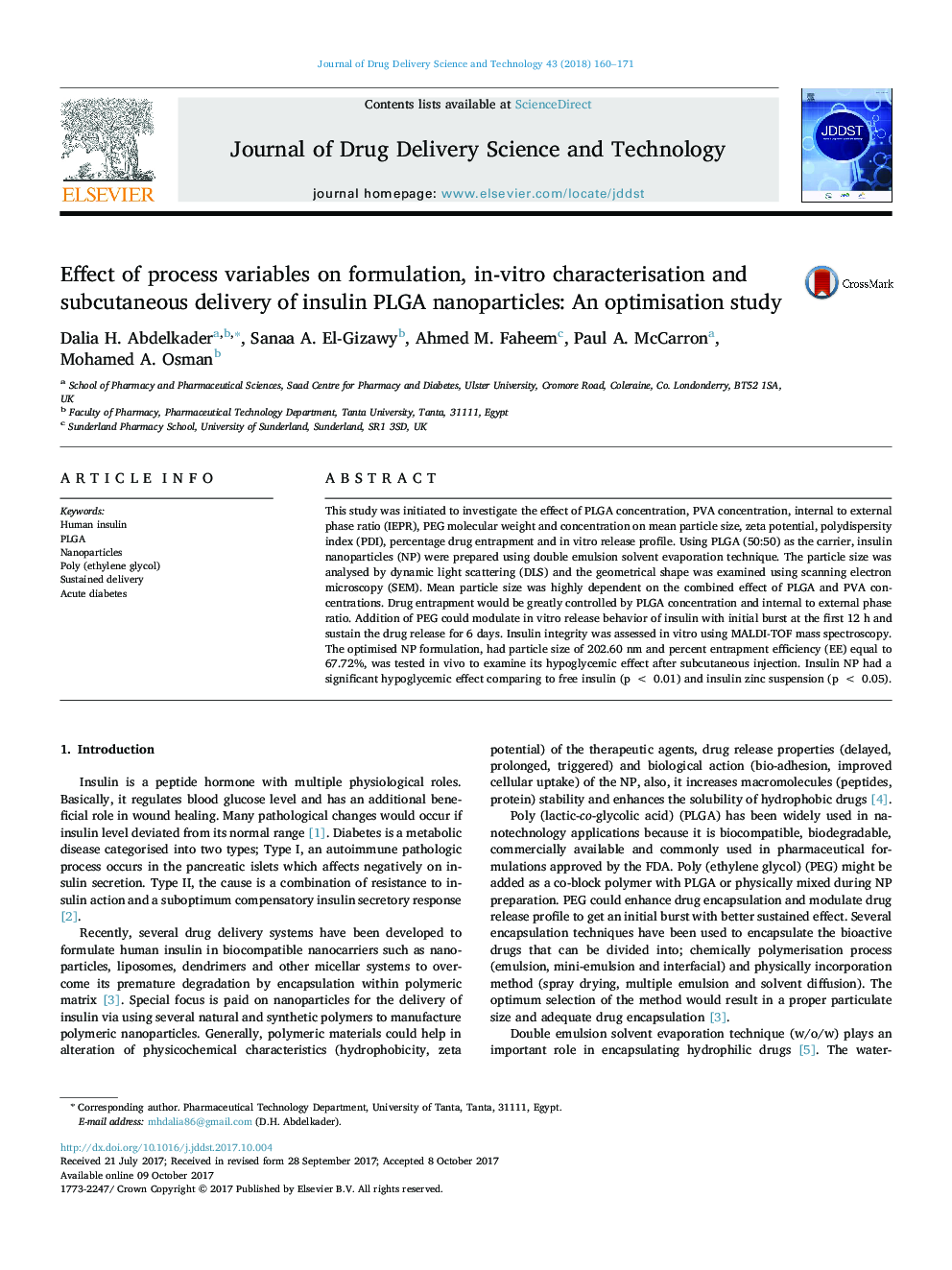 Effect of process variables on formulation, in-vitro characterisation and subcutaneous delivery of insulin PLGA nanoparticles: An optimisation study