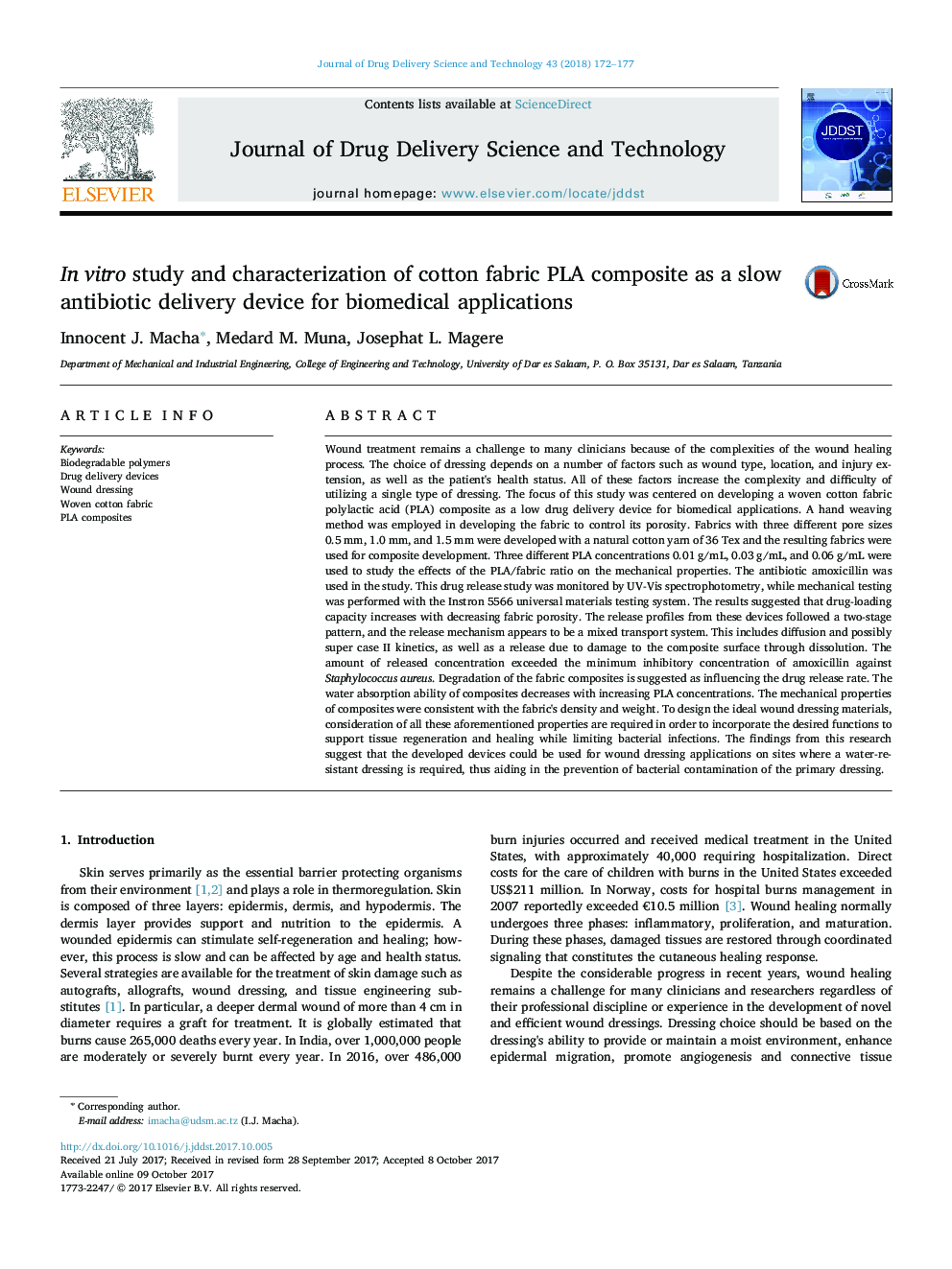 In vitro study and characterization of cotton fabric PLA composite as a slow antibiotic delivery device for biomedical applications