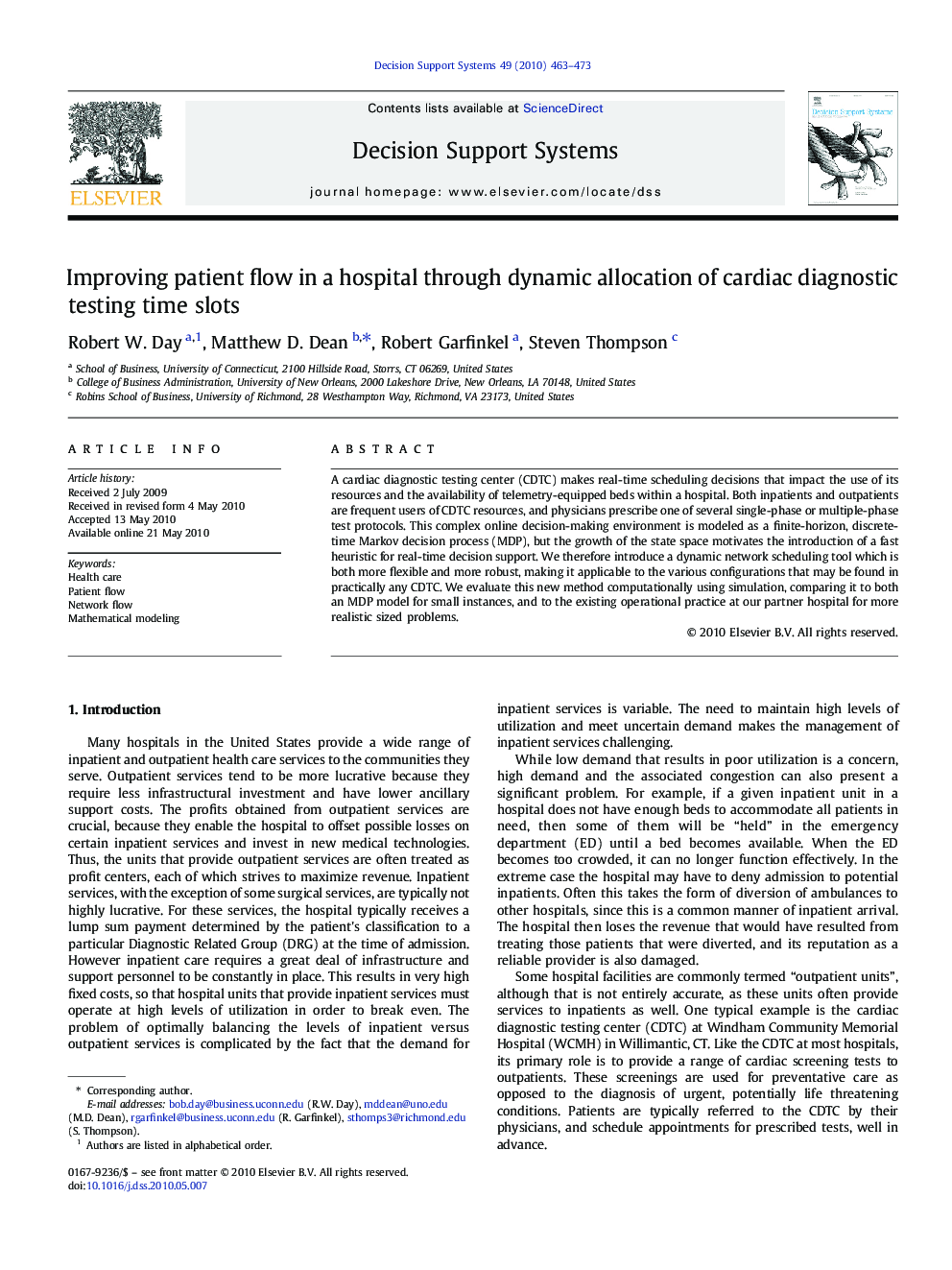 Improving patient flow in a hospital through dynamic allocation of cardiac diagnostic testing time slots