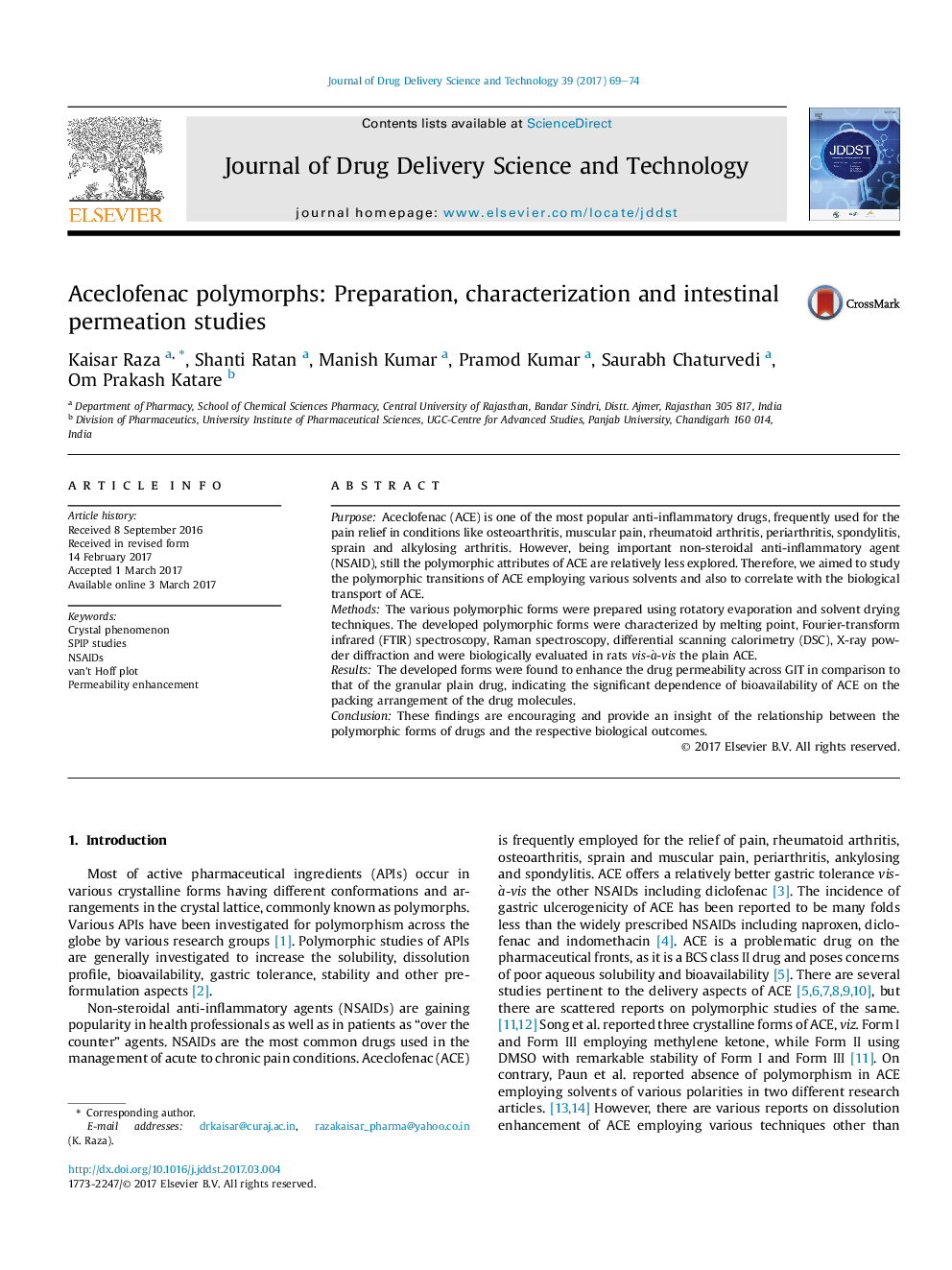 Aceclofenac polymorphs: Preparation, characterization and intestinal permeation studies