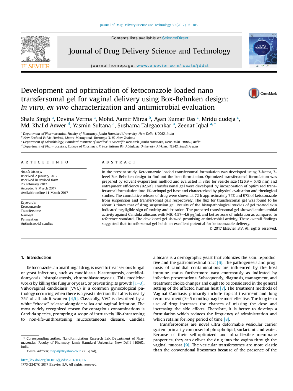 Development and optimization of ketoconazole loaded nano-transfersomal gel for vaginal delivery using Box-Behnken design: InÂ vitro, exÂ vivo characterization and antimicrobial evaluation