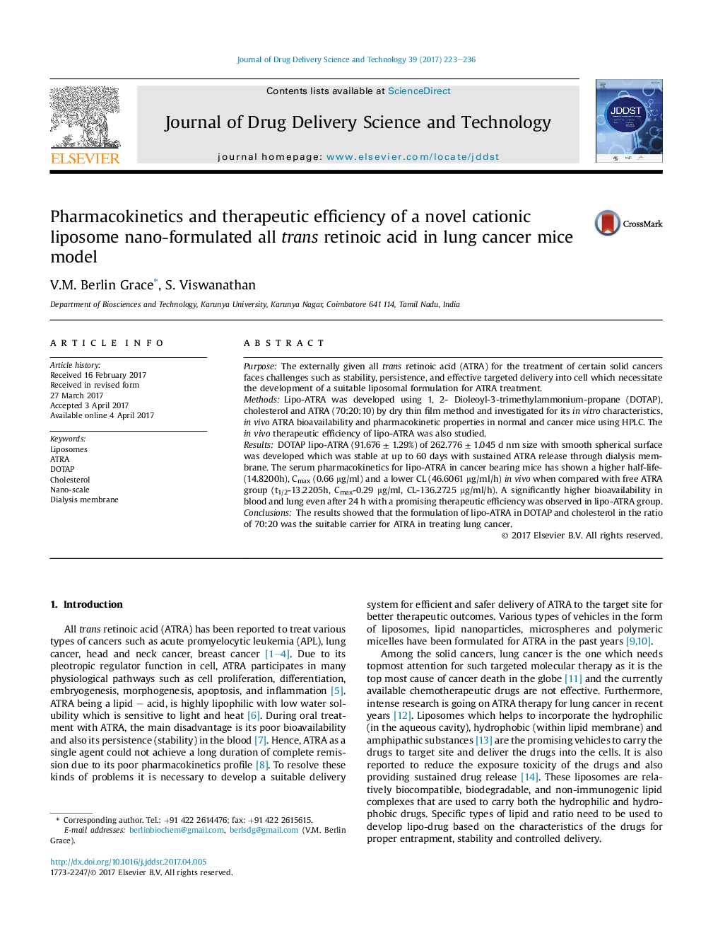 Pharmacokinetics and therapeutic efficiency of a novel cationic liposome nano-formulated all trans retinoic acid in lung cancer mice model