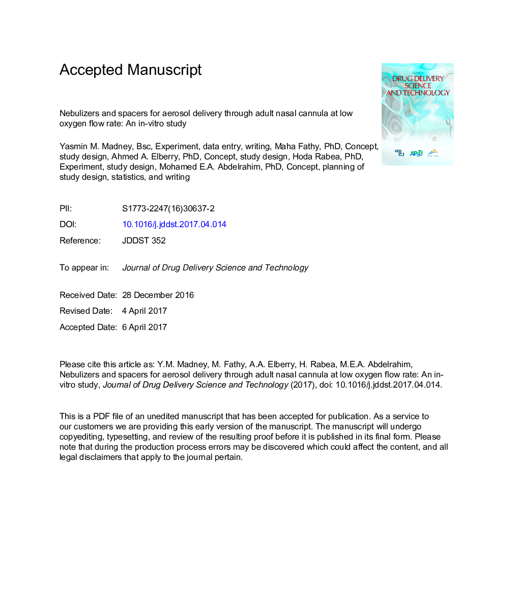 Nebulizers and spacers for aerosol delivery through adult nasal cannula at low oxygen flow rate: An in-vitro study