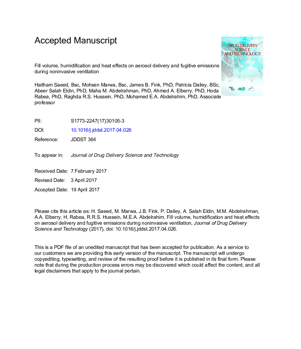 Fill volume, humidification and heat effects on aerosol delivery and fugitive emissions during noninvasive ventilation