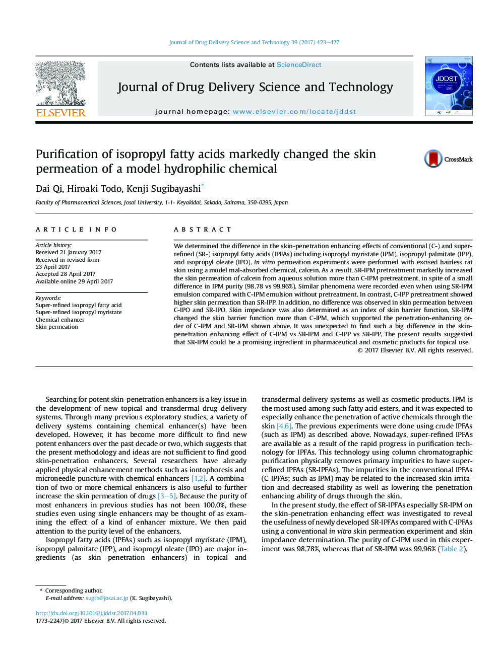 Purification of isopropyl fatty acids markedly changed the skin permeation of a model hydrophilic chemical