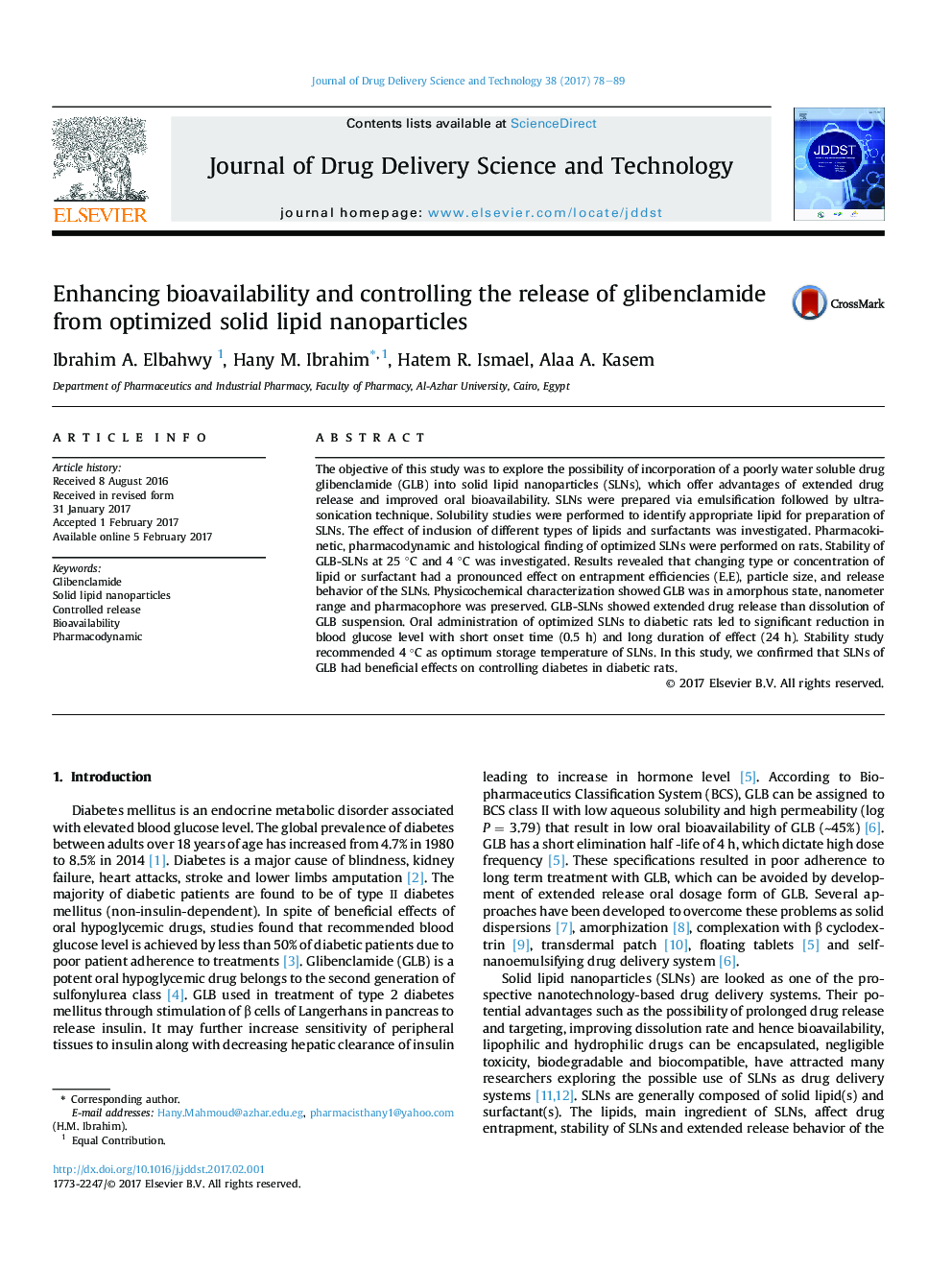 Enhancing bioavailability and controlling the release of glibenclamide from optimized solid lipid nanoparticles