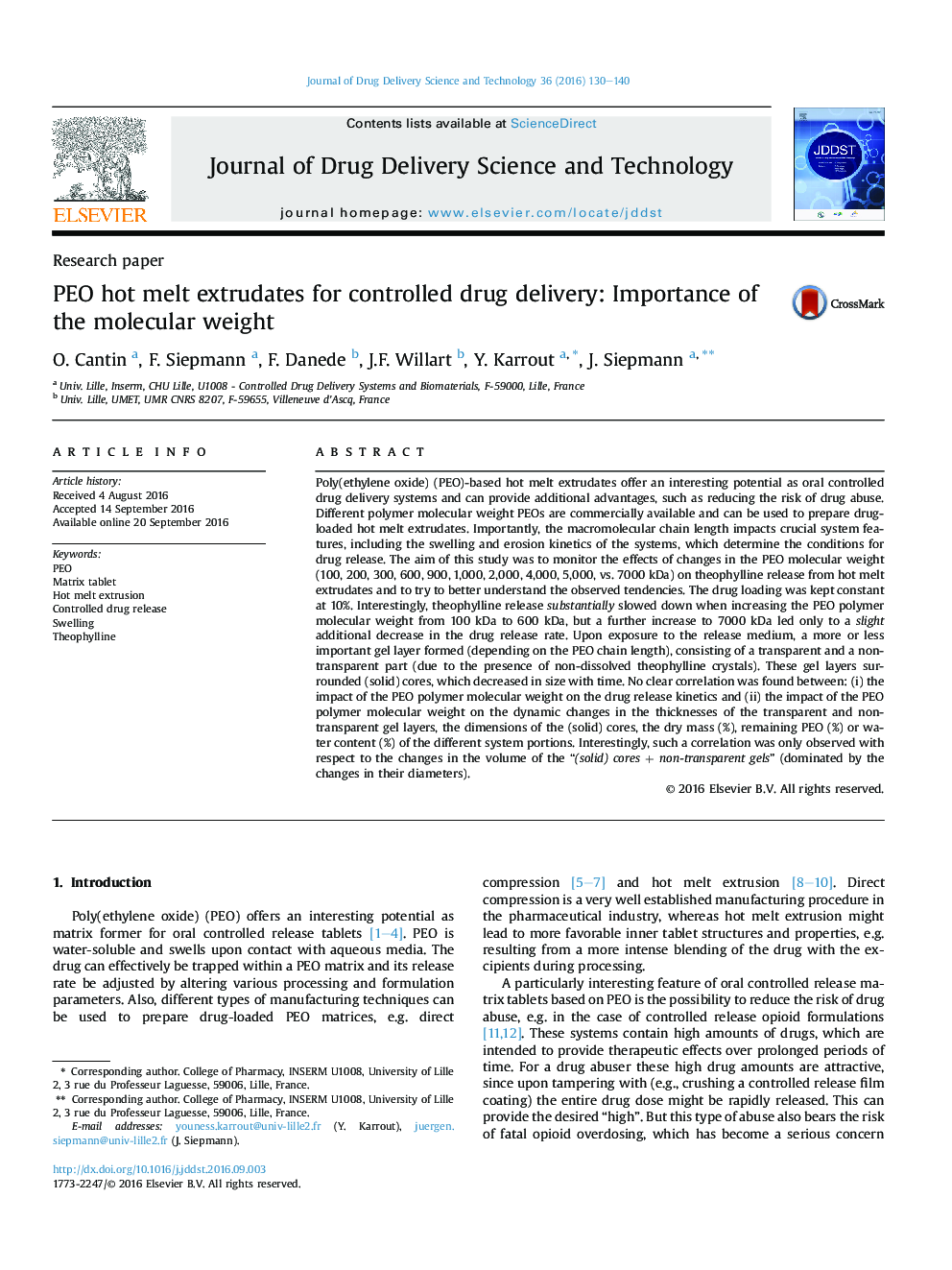 PEO hot melt extrudates for controlled drug delivery: Importance of the molecular weight