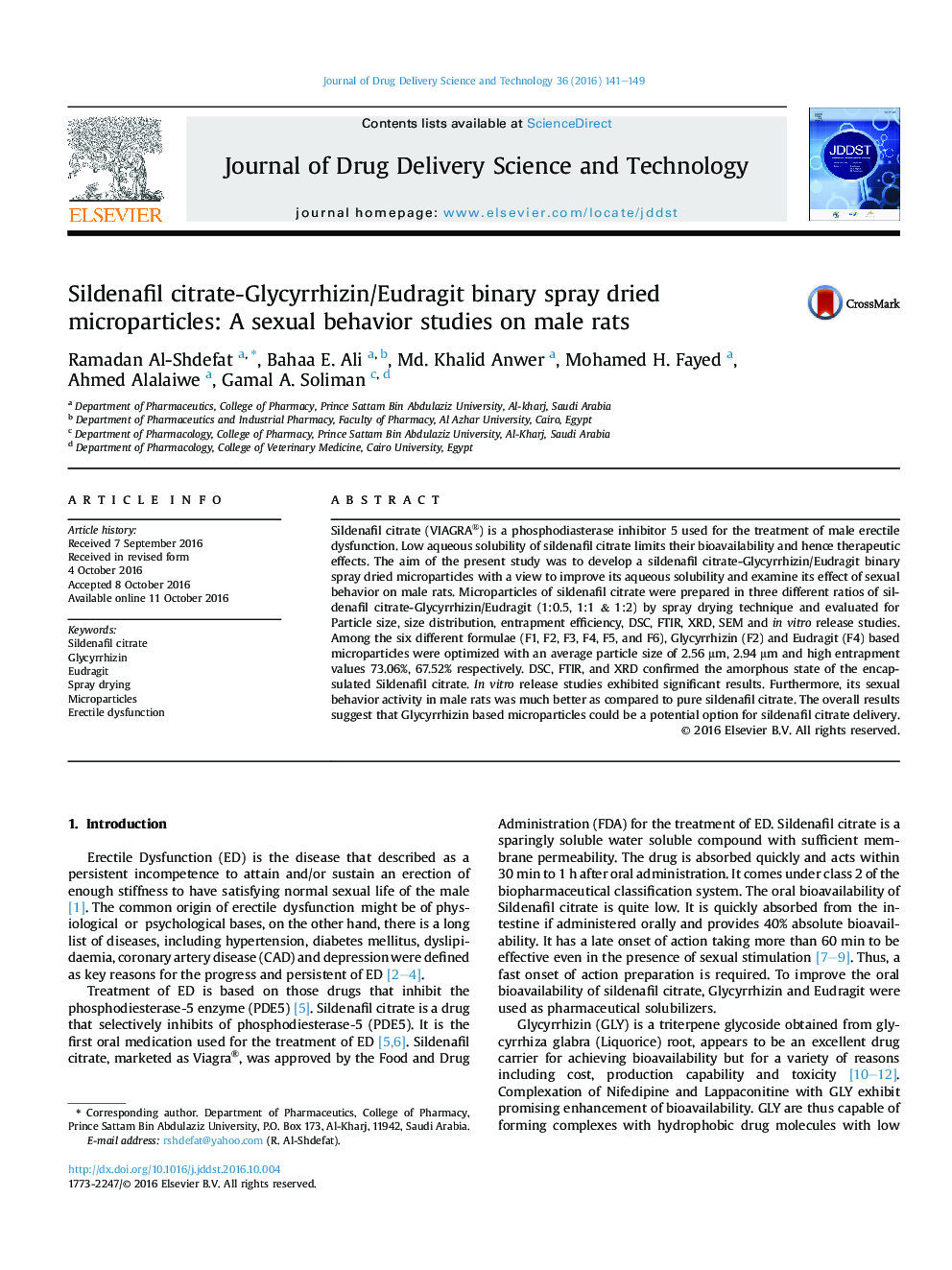 Sildenafil citrate-Glycyrrhizin/Eudragit binary spray dried microparticles: A sexual behavior studies on male rats