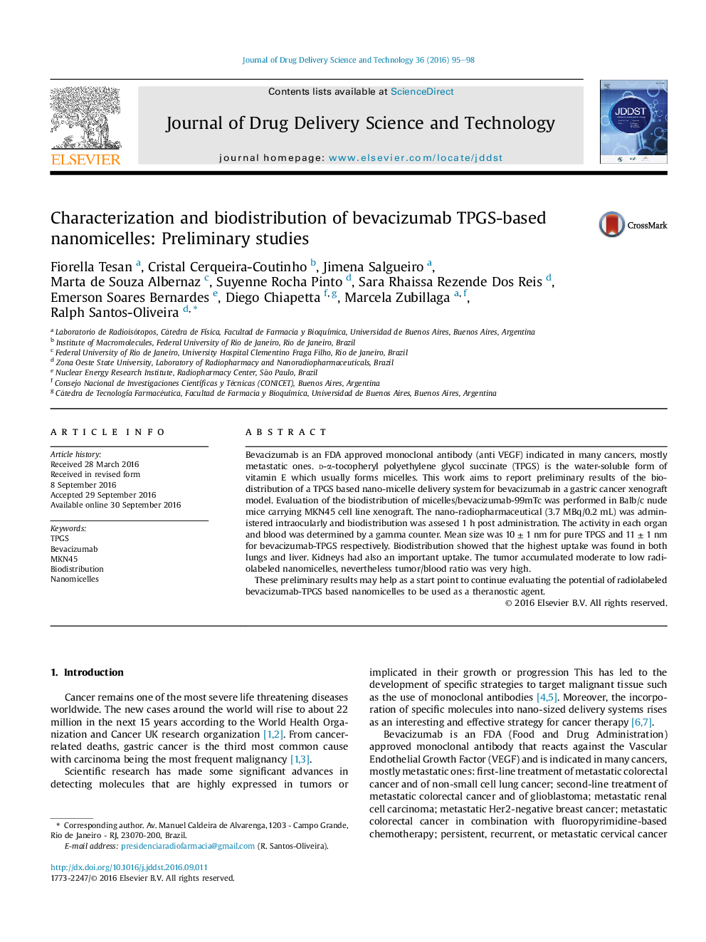 Characterization and biodistribution of bevacizumab TPGS-based nanomicelles: Preliminary studies