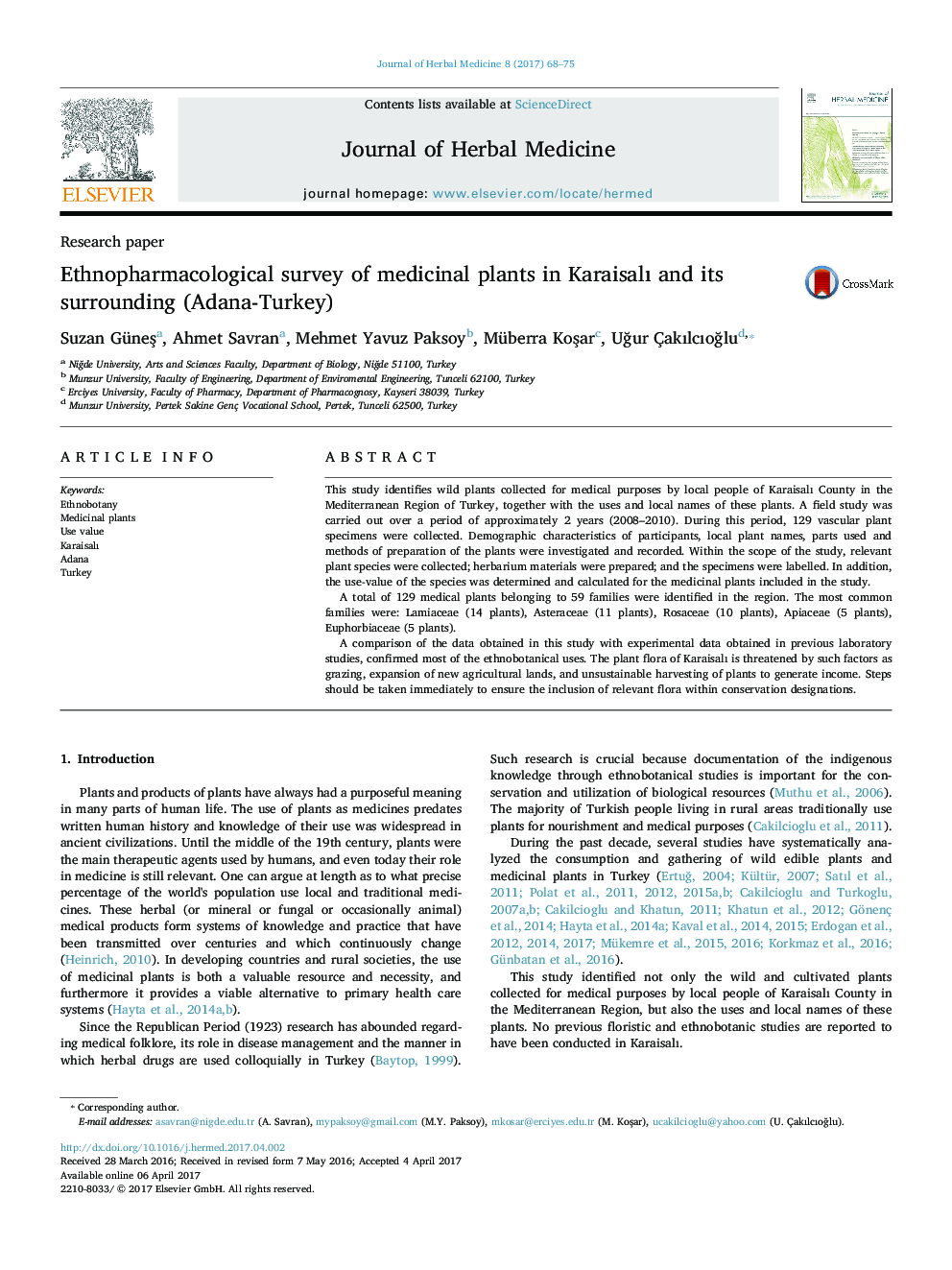 Ethnopharmacological survey of medicinal plants in KaraisalÄ± and its surrounding (Adana-Turkey)